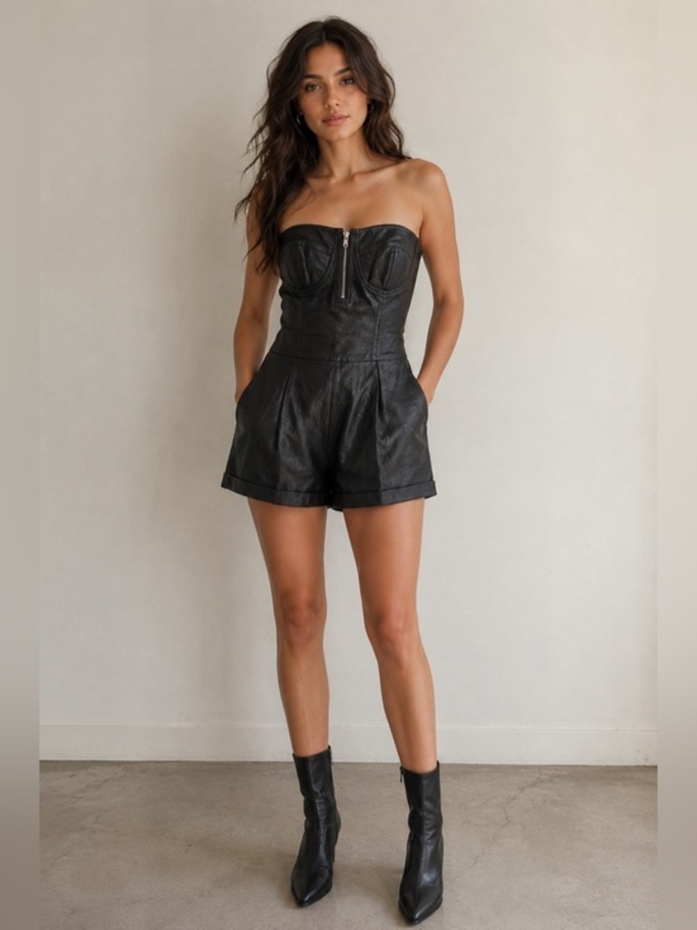 Jenny Han Waxed Linen Black Romper Wize Small NWT